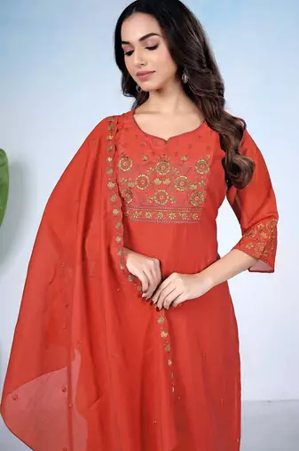 Rust orange embroidered mulmul kurta pant set with dupatta