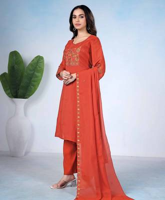 Rust orange embroidered mulmul kurta pant set with dupatta 3