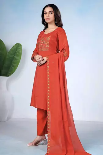 Rust orange embroidered mulmul kurta pant set with dupatta