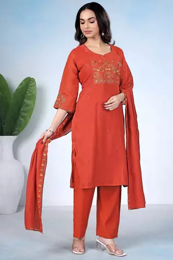 Rust orange embroidered mulmul kurta pant set with dupatta