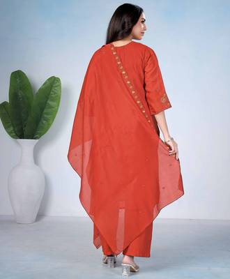 Rust orange embroidered mulmul kurta pant set with dupatta 5