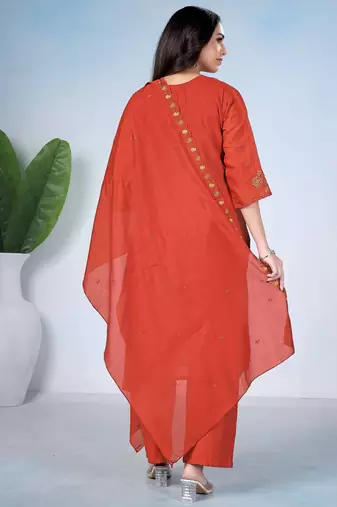 Rust orange embroidered mulmul kurta pant set with dupatta