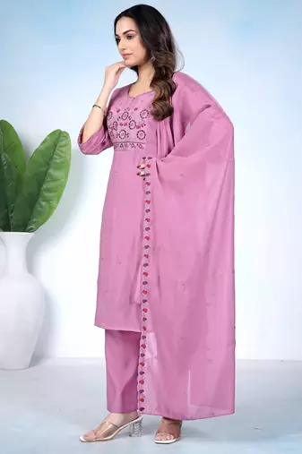 Pink embroidered mulmul kurta pant set with dupatta