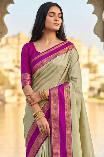 Sage green colour silk blend woven saree with unstitched blouse