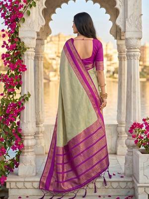 Sage green colour silk blend woven saree with unstitched blouse 3
