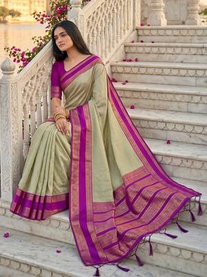 Sage green colour silk blend woven saree with unstitched blouse 4