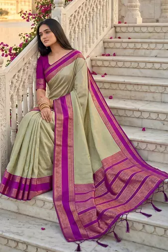 Sage green colour silk blend woven saree with unstitched blouse