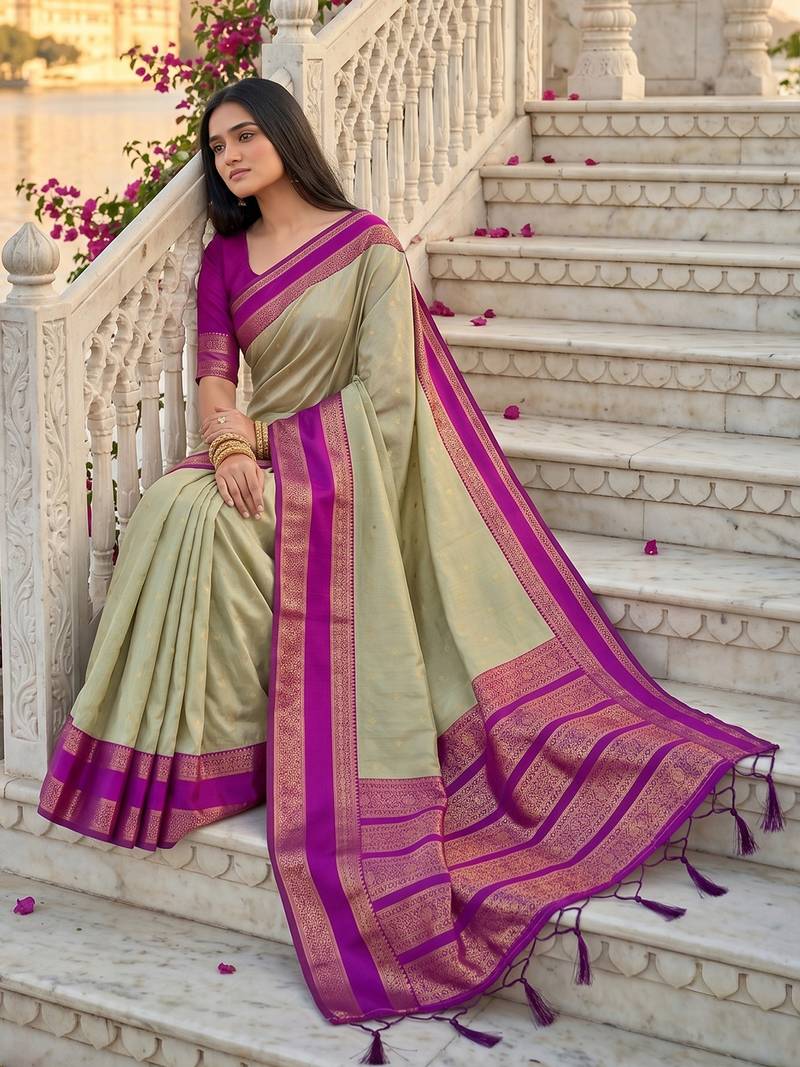 Sage green colour silk blend woven saree with unstitched blouse