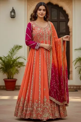 Coral georgette embroidered anarkali gown with dupatta