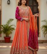 Coral georgette embroidered anarkali gown with dupatta