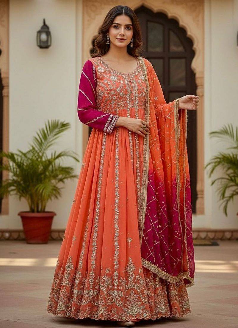 Coral georgette embroidered anarkali gown with dupatta