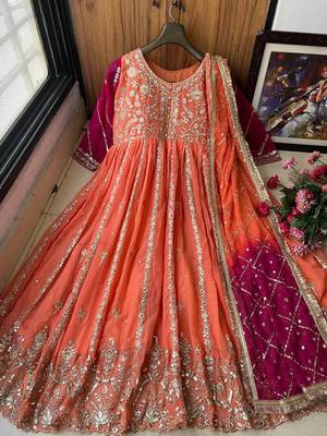 Coral georgette embroidered anarkali gown with dupatta 2