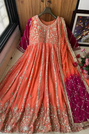 Coral georgette embroidered anarkali gown with dupatta