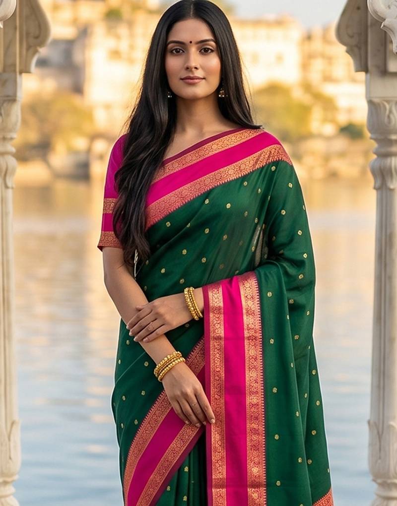 Green colour silk blend woven saree with unstitched blouse