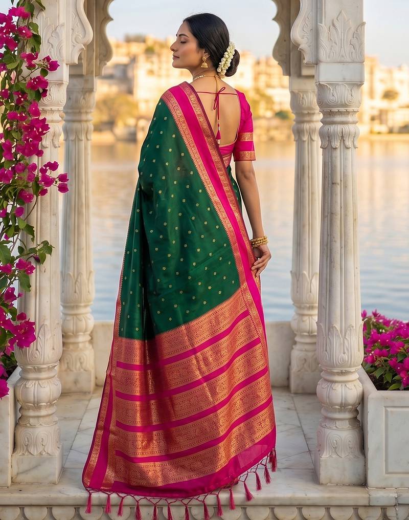 Green colour silk blend woven saree with unstitched blouse