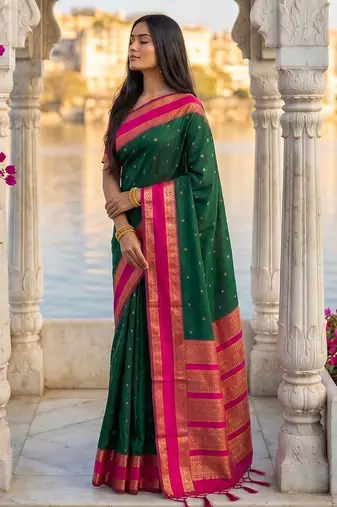 Green colour silk blend woven saree with unstitched blouse
