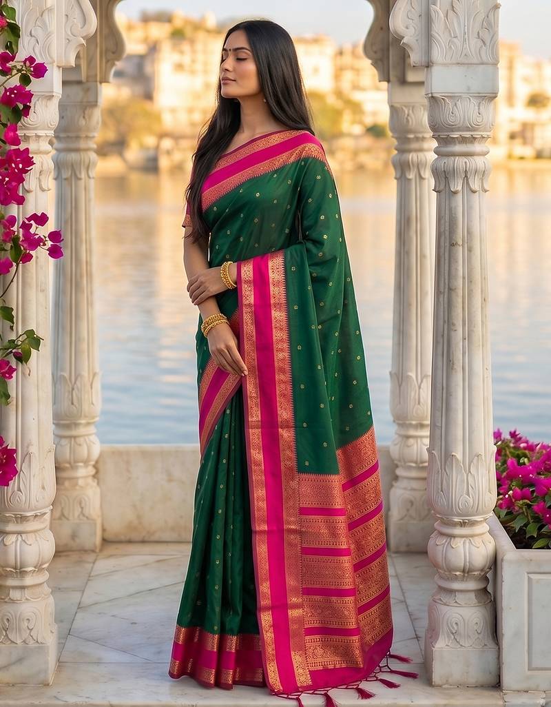 Green colour silk blend woven saree with unstitched blouse