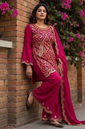 Rani pink vichitra silk embroidered kurti palazzo set with dupatta