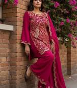 Rani pink vichitra silk embroidered kurti palazzo set with dupatta