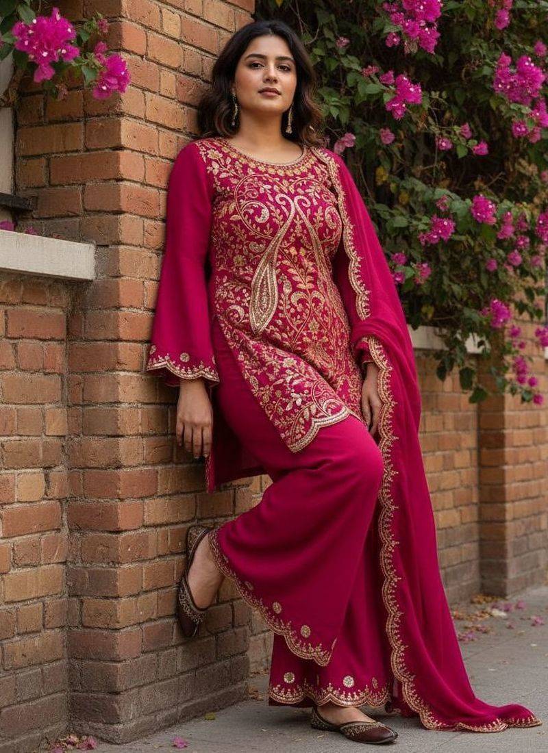 Rani pink vichitra silk embroidered kurti palazzo set with dupatta