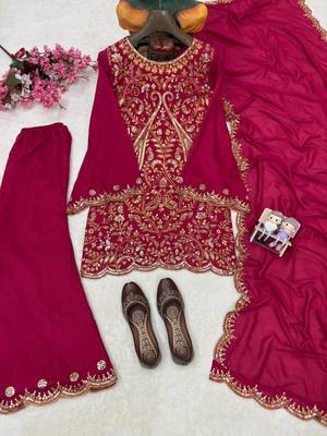 Rani pink vichitra silk embroidered kurti palazzo set with dupatta 2