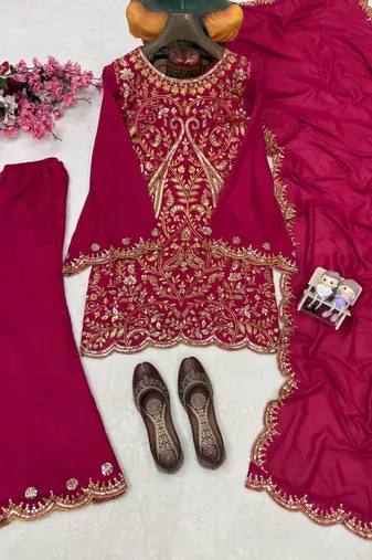 Rani pink vichitra silk embroidered kurti palazzo set with dupatta