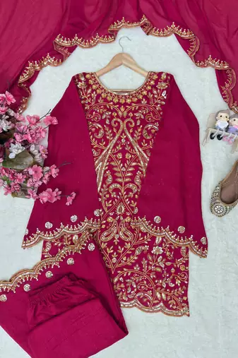 Rani pink vichitra silk embroidered kurti palazzo set with dupatta