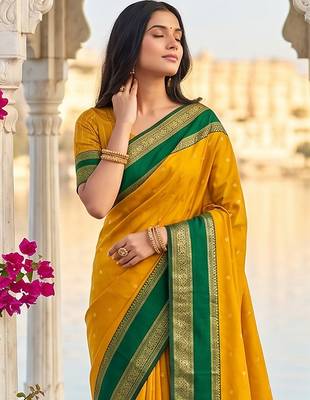 Yellow colour silk blend woven saree with unstitched blouse 2