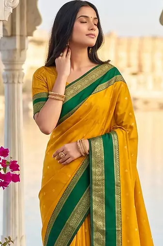 Yellow colour silk blend woven saree with unstitched blouse