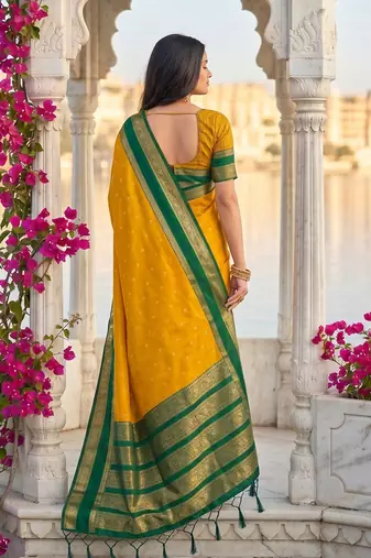 Yellow colour silk blend woven saree with unstitched blouse