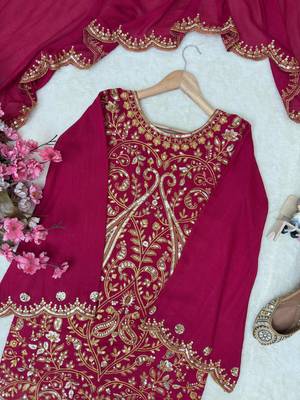 Rani pink vichitra silk embroidered kurti palazzo set with dupatta 4