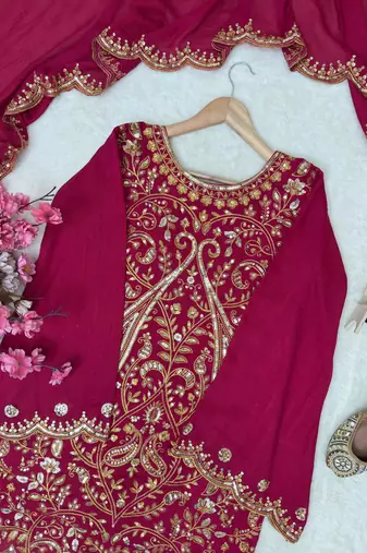 Rani pink vichitra silk embroidered kurti palazzo set with dupatta