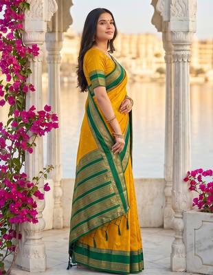 Yellow colour silk blend woven saree with unstitched blouse 4