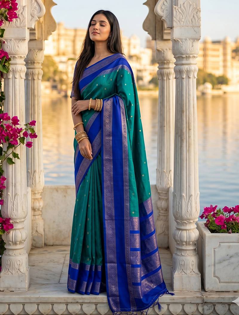 blue colour silk blend woven saree with unstitched blouse