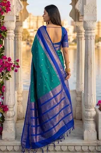 blue colour silk blend woven saree with unstitched blouse