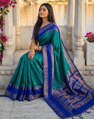 blue colour silk blend woven saree with unstitched blouse 4