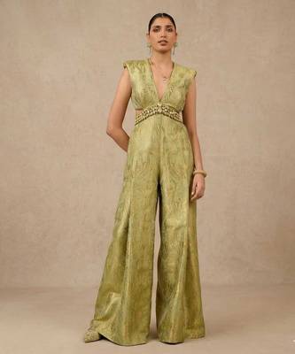 Handwoven Banarasi Brocade Suit Widelegged Party Wear Jumpsuit In Pista Golden Colour 2
