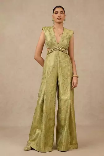 Handwoven Banarasi Brocade Suit Widelegged Party Wear Jumpsuit In Pista Golden Colour
