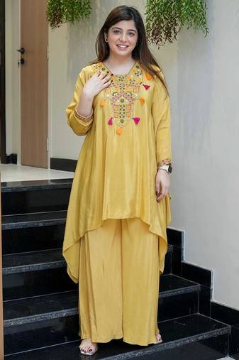 Elegant mustard embroidered co-ord set for women