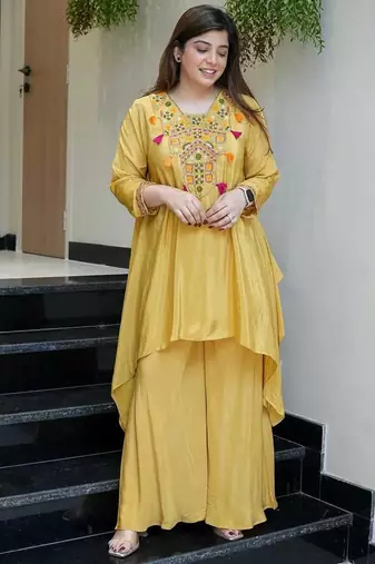 Elegant mustard embroidered co-ord set for women