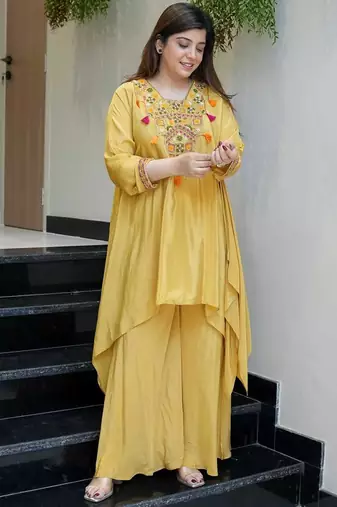 Elegant mustard embroidered co-ord set for women