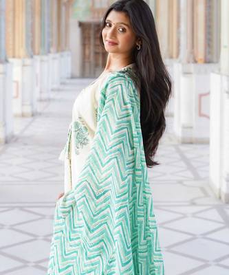 Ivory & Sea Green Floral Block Print Anarkali Kurta Set 2