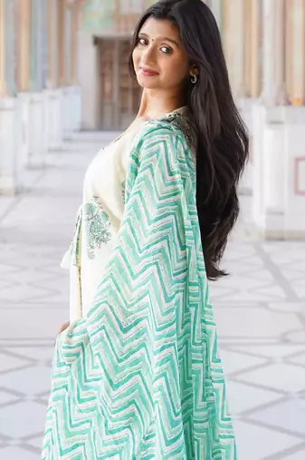 Ivory & Sea Green Floral Block Print Anarkali Kurta Set