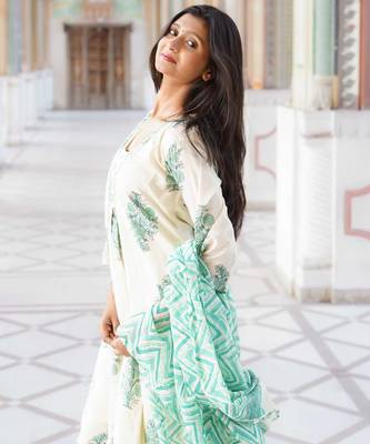 Ivory & Sea Green Floral Block Print Anarkali Kurta Set 3