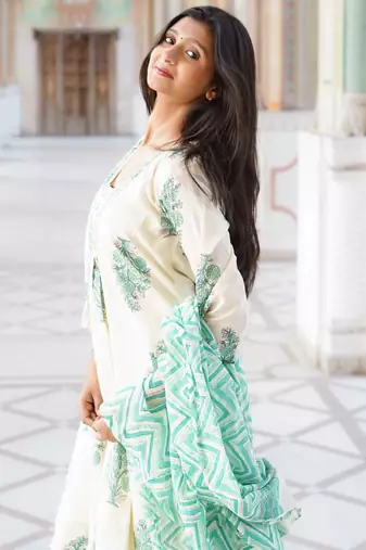 Ivory & Sea Green Floral Block Print Anarkali Kurta Set