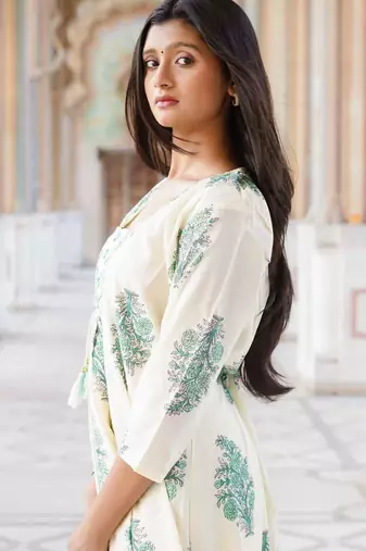Ivory & Sea Green Floral Block Print Anarkali Kurta Set
