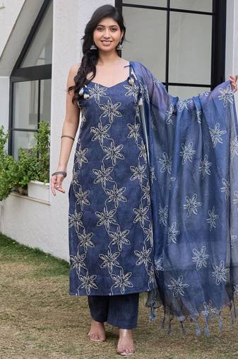 Embroidered Denim-Finish Suit Set
