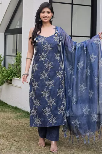 Embroidered Denim-Finish Suit Set