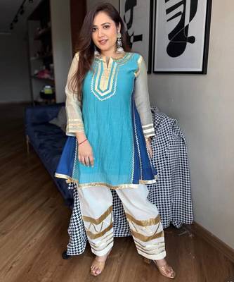 Blue embroidered chinon ethnic kurta pant set 1