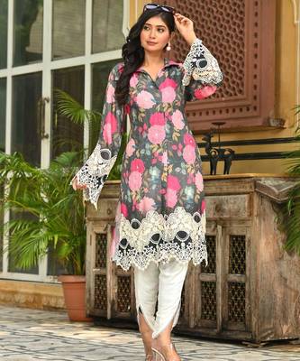 Abstract Floral Printed Embroidered Straight Fit Kurta with Dhoti Pant - Multi 1